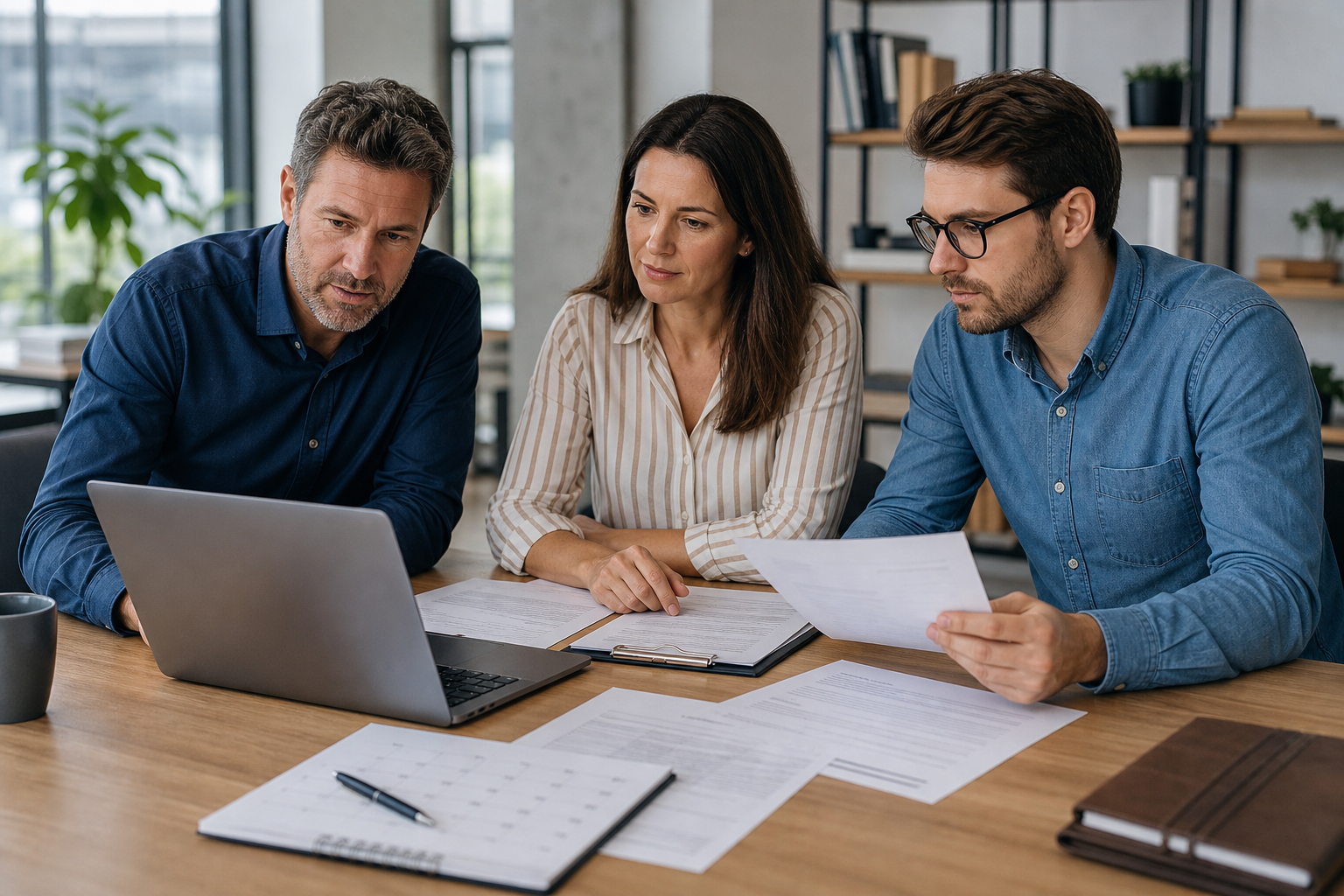 Drie ondernemers bespreken openstaande facturen en een planning aan een laptop